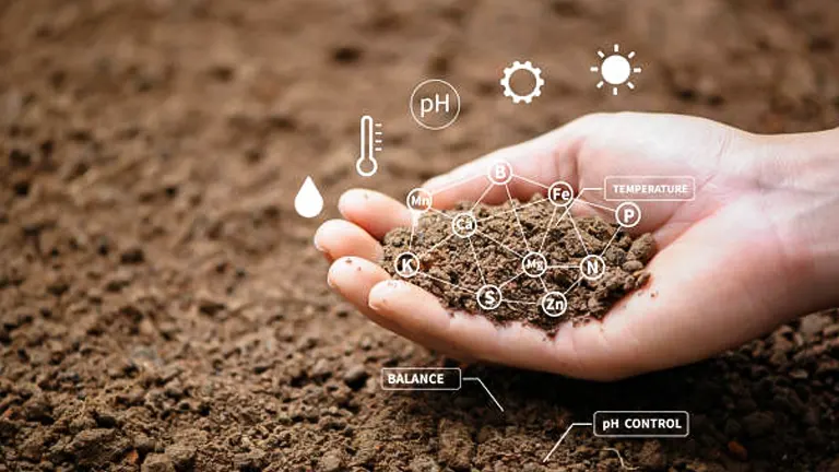 Hand holding fertile soil with digital icons representing essential soil elements and conditions, such as pH balance, temperature, and various nutrients like nitrogen (N), phosphorus (P), and potassium (K).