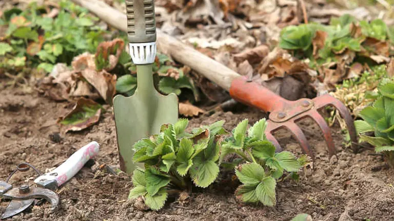 Gardening tools, including a trowel, pruning shears, and a rake, lie beside a young strawberry plant in the soil, ready for garden maintenance.