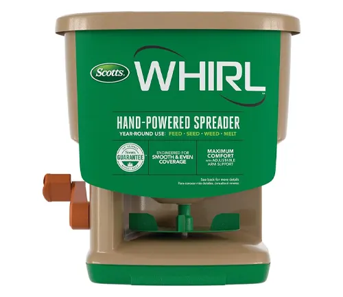 "cotts Whirl hand-powered spreader, green and tan, for year-round use with feed, seed, and melt products, emphasizing smooth coverage and comfort.