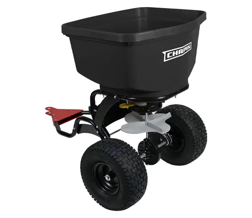 A Chapin professional black broadcast spreader with a large hopper and rugged wheels, equipped with a control lever.