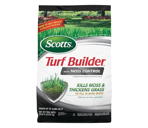 Package of Scotts Turf Builder with Moss Control, claiming to kill moss and thicken grass. Covers up to 10,000 sq ft.