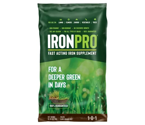 Bag of IronPro Fast Acting Iron Supplement for lawns, promising a deeper green in days, suitable for various grass types and guaranteed results, covering 5,000 square feet.
