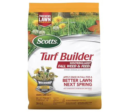 Bag of Scotts Turf Builder WinterGuard Fall Weed & Feed with WeedGrip Technology, promotes a thicker lawn and better growth next spring, covers 4,000 sq ft.