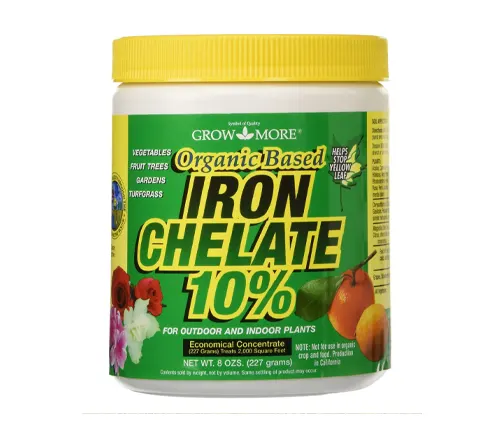 Container of Grow More Organic Based Iron Chelate 10%, for outdoor and indoor plants, helps stop yellow leaf. Suitable for vegetables, fruit trees, gardens, and turfgrass.