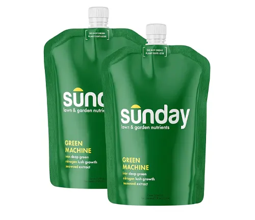 Two pouches of Sunday Lawn & Garden Nutrients, named Green Machine, for deep green iron rich growth with seaweed extract.