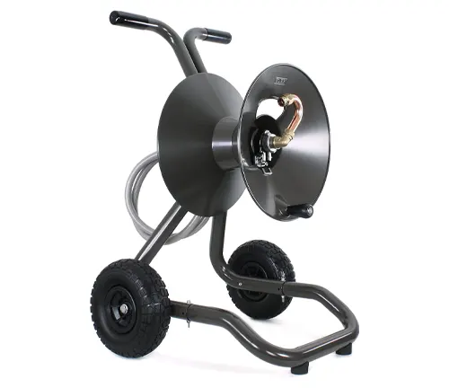 Sleek two-wheel garden hose reel cart with a modern design featuring a black reel, silver frame, and pneumatic tires.