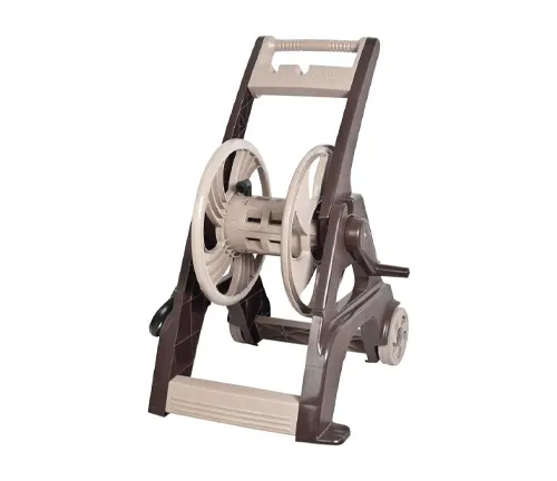 Portable beige and brown hose reel with a crank handle and stable base support.