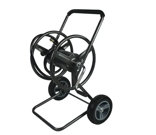 Black metal hose reel cart with two wheels and a manual crank, isolated on a white background.