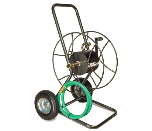 Two-wheeled garden hose reel cart with a black frame, brass fittings, and coiled green hose.