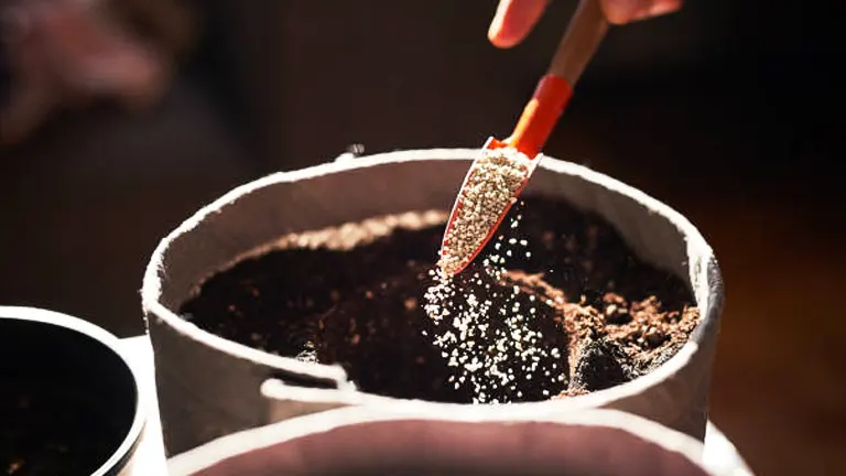 Close-up of a hand using a small red trowel to sprinkle white fertilizer on the soil inside a black planting pot, indicating gardening activity.