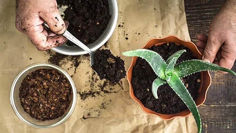 Hands are adding soil to a potted aloe vera plant from a spoon, with a bowl of soil mix and a container of gravel on a wooden surface.
