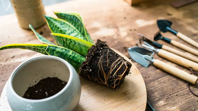 Sansevieria plant with exposed roots ready for repotting, next to a gray pot with fresh soil on a wooden surface, with gardening tools laid out nearby.