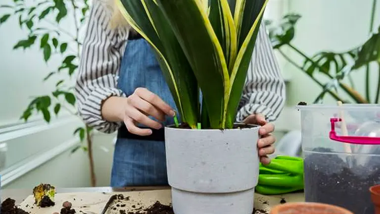 Person repotting a snake plant into a gray concrete pot, surrounded by gardening tools and pots, indicative of an indoor plant care activity.