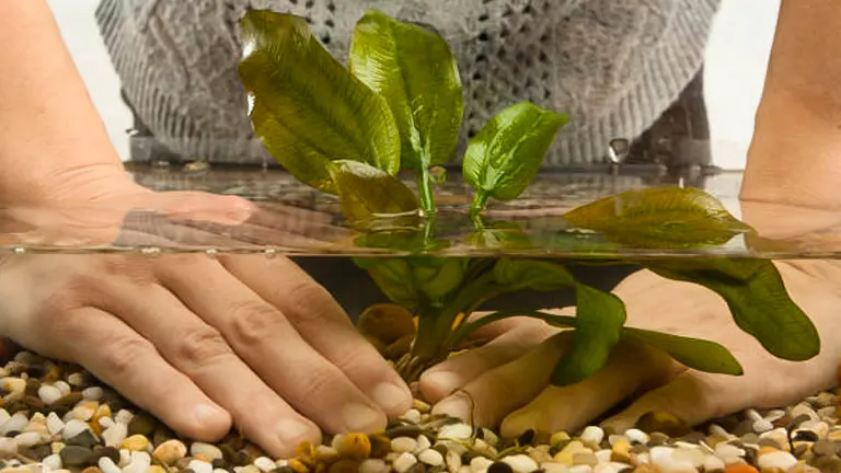 A person's hands are planting an aquatic plant with broad green leaves in the gravel substrate of a clear-water aquarium.
