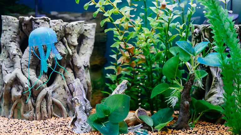 An aquarium scene with diverse aquatic plants, a decorative jellyfish ornament, and driftwood, creating a dynamic underwater landscape.
