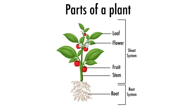 An educational illustration showing the parts of a plant, including labeled leaf, flower, fruit, stem, and root, with the shoot system above ground and the root system below ground.
