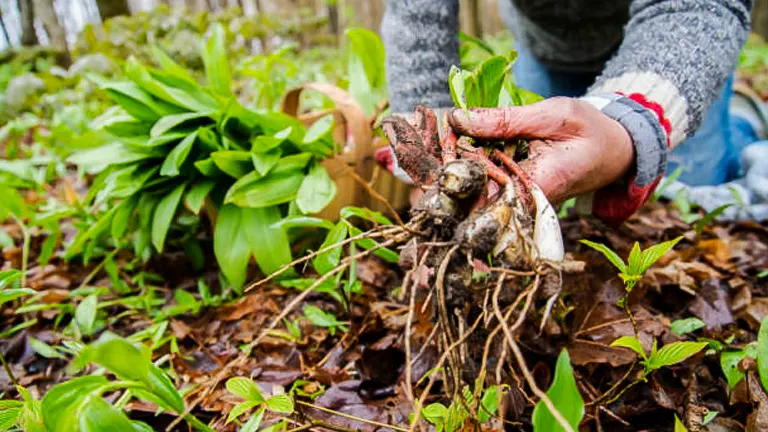 Hands wearing gloves holding a clump of freshly dug roots from the ground with green plants and leafy foliage in the background, suggesting gardening or foraging activities.

