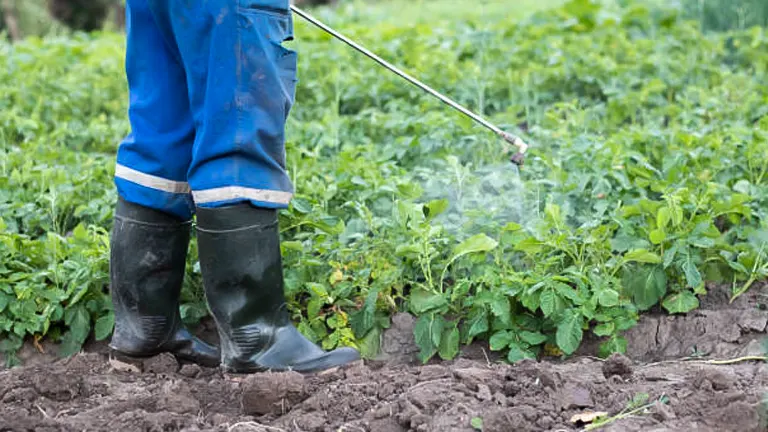 A farmer in blue overalls and black rubber boots applying spray treatment to potato plants in a lush green field.