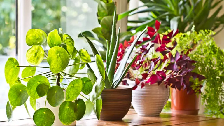 A collection of lush houseplants on a wooden windowsill, featuring Pothos, Aloe, and Oxalis, with a garden view through the window.