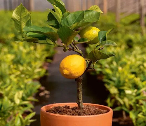 Potted lemon tree with ripe fruit in a nursery setting, showcasing sustainable gardening.