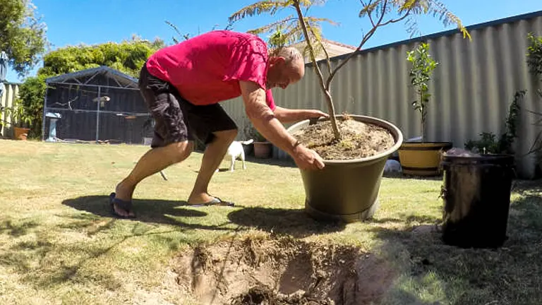 A man in a pink shirt is planting a young tree in a sunny backyard, preparing to transfer it from a pot into a dug hole in the ground.

