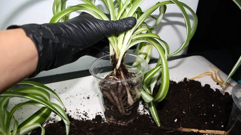 A person's gloved hand is transplanting a variegated spider plant into a clear container, with exposed roots and fresh soil spread on a white surface.