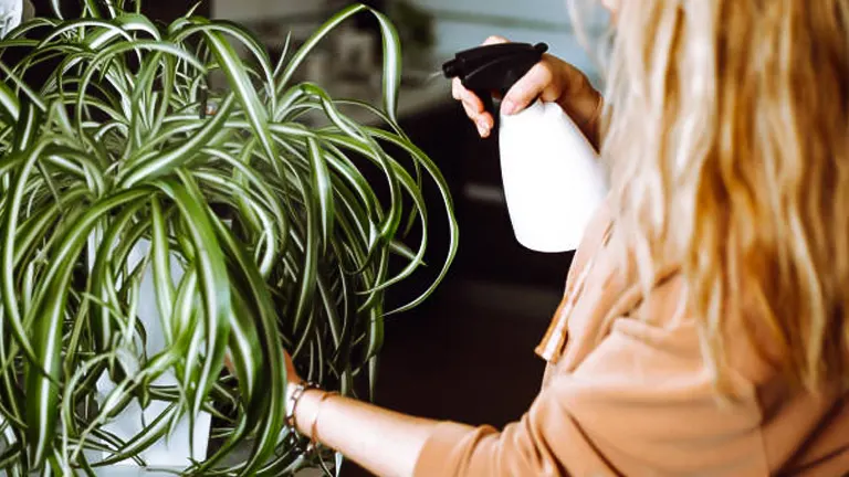 A person misting a healthy, hanging spider plant with a spray bottle, providing moisture to its variegated green leaves in a well-lit indoor environment.