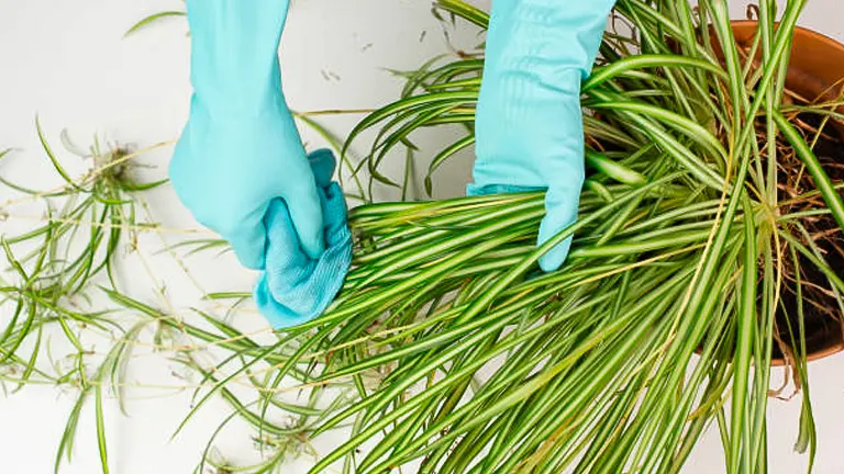 Hands wearing blue gloves are tending to a spider plant, carefully pruning and grooming the long green leaves over a white background.