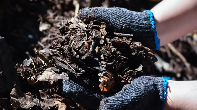 Hands wearing gardening gloves holding a clump of rich, dark compost with visible leaves and organic matter, with a blurred background suggesting a garden setting.