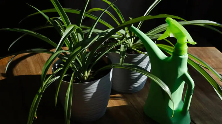 Indoor spider plants in two white ridged pots next to a green watering can on a wooden table, partially illuminated by sunlight creating strong shadows.
