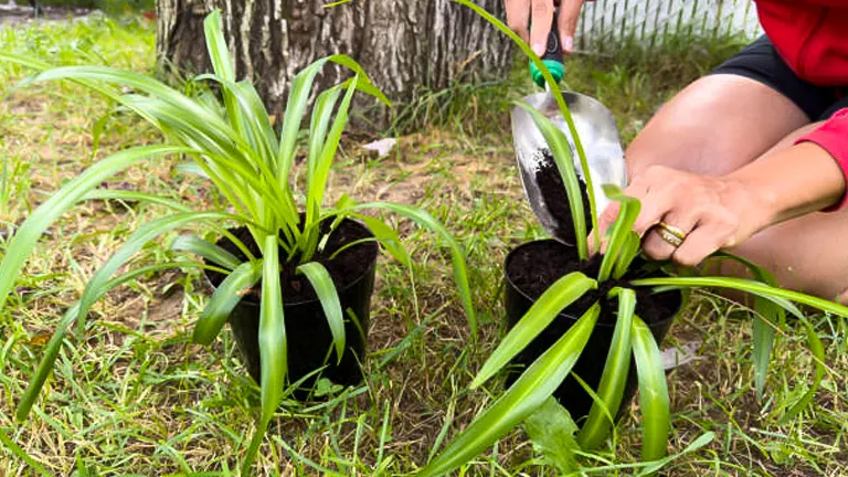 Person in a red sleeve gardening, trimming a spider plant with scissors, next to another spider plant on grass, with a tree trunk and fence in the background.