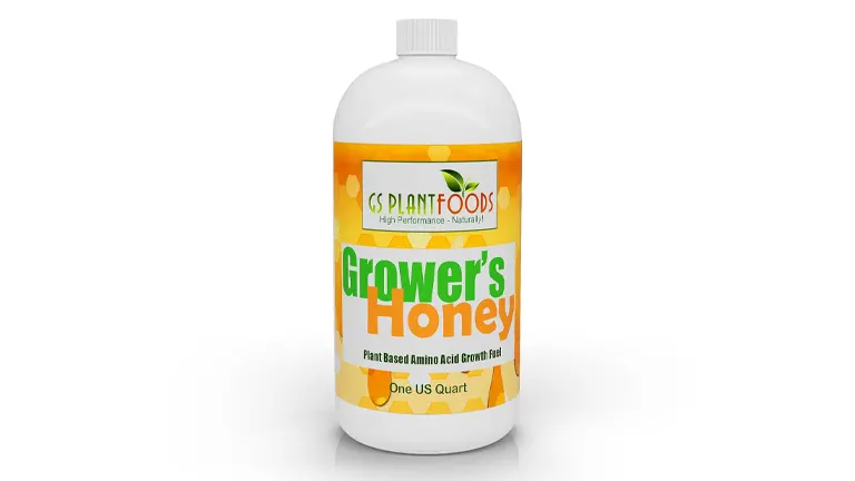 A quart-sized bottle of GS Plant Foods Grower's Honey, an organic plant-based amino acid growth fuel, labeled for high performance and natural plant care.
