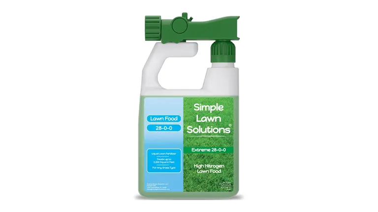 A bottle of Simple Lawn Solutions Lawn Food with a spray nozzle, featuring a 28-0-0 NPK formula for high nitrogen lawn feeding.
