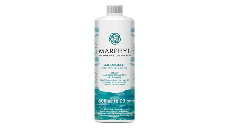 A 500ml bottle of MARPHYL Marine Phytoplankton Soil Enhancer, an organic liquid fertilizer and conditioner for plants.
