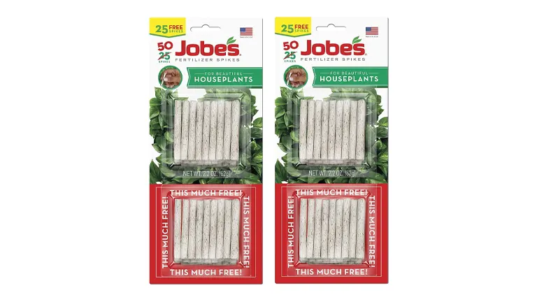 Two packs of Jobe's Fertilizer Spikes for Houseplants with a '25 Free' promotion, indicating 50 spikes per pack for potted plants, displayed with green foliage background.