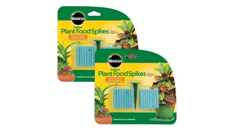 Two packages of Miracle-Gro Indoor Plant Food Spikes, with prominent green and yellow branding, indicating that the spikes feed plants for up to 2 months.