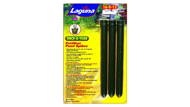 Packaging of Laguna Once-A-Year Fertilizer Pond Spikes, showing four long, dark spikes with a 16-9-12 nutrient ratio, designed for easy annual application in water gardens.