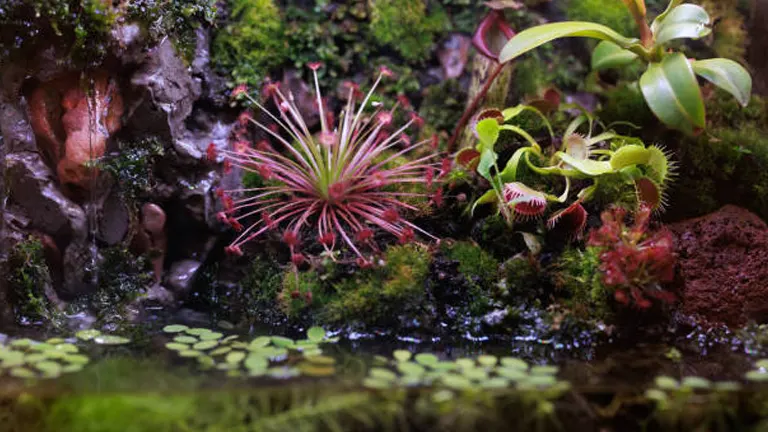 In a lush terrarium setting, a vibrant Sundew with its reddish tentacles sits beside a green Venus Flytrap, poised above a serene pond with floating plants, a showcase of carnivorous plant diversity.
