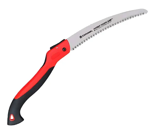 An ergonomic Corona RazorTOOTH saw with a curved blade, featuring red and black handle grips, isolated on a white background.