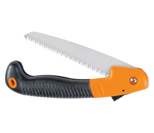 A folding pruning saw with a serrated blade and a high-visibility orange and black handle, designed for gardening, isolated on a white background.