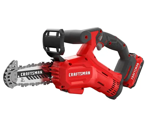 A red and black CRAFTSMAN cordless electric pruning saw with a 5-inch chain, designed for easy and efficient branch cutting, displayed against a white background.