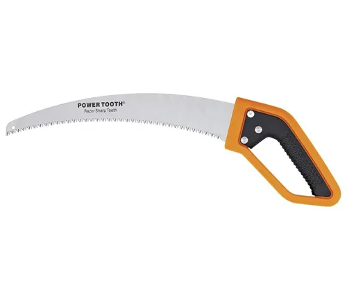 A pruning saw with a curved, serrated blade labeled 'POWER TOOTH,' featuring an orange handle with a black comfort grip.