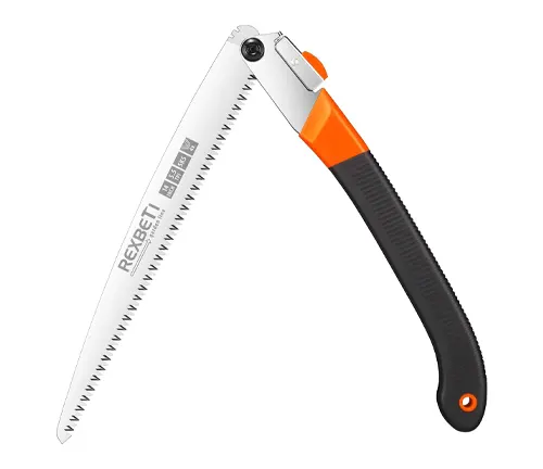 REXBETI folding pruning saw opened at an angle, showcasing its long serrated blade and ergonomic handle with orange details.