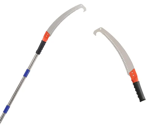 Two views of a pole saw with an extendable handle, one fully extended and one compact, showcasing the curved serrated blade with orange highlights.