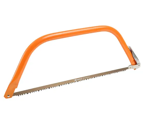An orange bow saw with a sharp, serrated blade, isolated on a white background, typically used for cutting wood.