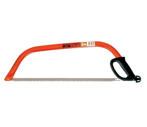 An orange Bahco Force bow saw with a black handle and a long serrated blade, designed for cutting wood.