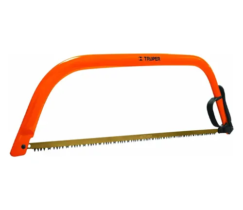 A vibrant orange Truper bow saw with a sharp serrated blade and a black, ergonomic handle for comfortable cutting.