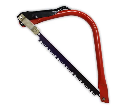 A traditional bow saw with a red frame and a contrasting black grip, equipped with a large-toothed blade for cutting through thick branches.