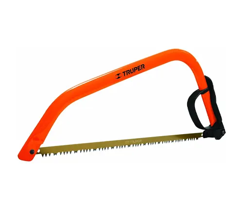 An orange Truper bow saw with a black handle and serrated blade, ideal for precise and efficient wood cutting tasks.