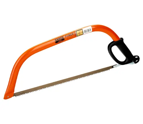 A Bahco Force bow saw with an orange frame, black ergonomic handle, and a sturdy steel blade, ready for outdoor cutting tasks.